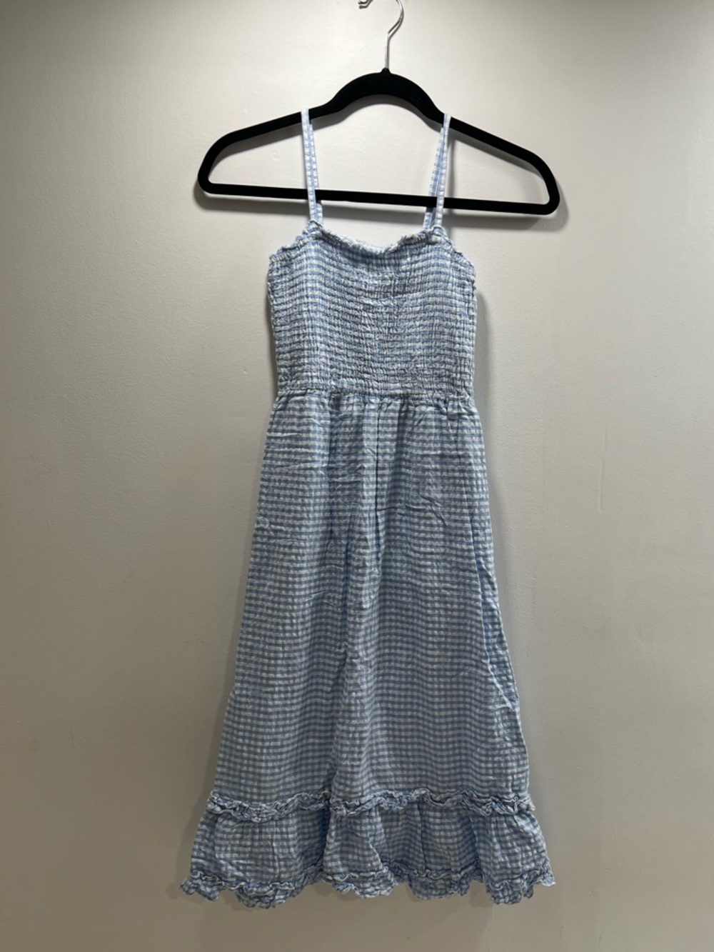 Light Blue Gingham Smocked summer Dress with Ruffle Hem